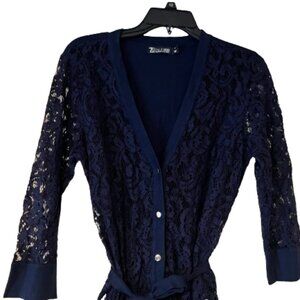 New York & Co Navy Lace Cardigan with Tie Waist - Medium